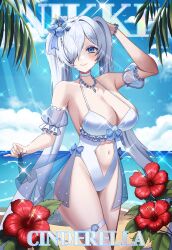 1girl absurdres alternate_costume blue_eyes blue_sky breasts character_name choker cinderella_(nikke) cleavage clothing_cutout commentary_request copyright_name flower goddess_of_victory:_nikke hair_flower hair_ornament hair_over_one_eye highres jewelry large_breasts long_hair navel navel_cutout necklace ocean one-piece_swimsuit outdoors red_flower sky smile solo stomach_cutout swimsuit thigh_strap thighs twintails very_long_hair white_choker white_hair white_one-piece_swimsuit yurang_heart