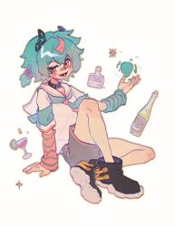 Rule 34 | anime coloring, aqua hair, aqua ribbon, cyan, demon girl, demon horns, dragon girl, dragon horns, fluffy hair, full body, highres, horns, non-web source, open mouth, pink eyes, pink hair, ribbon, sailor, sailor collar, sailor shirt, sharp teeth, shirt, short hair, shorts, teeth, white sailor collar
