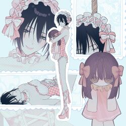 Rule 34 | 2girls, baby (demotsu), bare shoulders, black eyes, black hair, blunt bangs, blunt ends, bow, breasts, brown eyes, brown hair, button eyes, buttons, choker, closed mouth, frilled hairband, frills, fruits basket, full body, hair between eyes, hair bow, hairband, half-closed eyes, hand on own stomach, high heels, highres, honda tohru, leotard, long hair, medium breasts, multiple girls, multiple views, noose, pink bow, pink hairband, pink leotard, pink shoes, plaid clothes, plaid leotard, ribbon choker, shoes, short hair, smile, sohma akito, strappy heels, stuffed toy