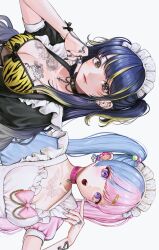 10_plus 2girls blonde_hair blue_hair body_markings bra breasts butterfly_tattoo chest_tattoo choker cleavage dark_blue_hair dress earrings face_piercing frilled_dress frills heart heart_o-ring highres jewelry looking_at_viewer maid_headdress medium_breasts mouth_piercing multicolored_hair multiple_girls multiple_rings o-ring piercing pink_choker pink_hair puffy_short_sleeves puffy_sleeves ring short_sleeves sideways tattoo tiger_tattoo twintails two-tone_hair underwear upper_body