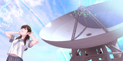 Rule 34 | 1girl, ahoge, black eyes, black skirt, blue sky, brown hair, cloud, cloudy sky, commentary request, day, female focus, grey sailor collar, highres, munakata (hisahige), musical note, original, outdoors, pleated skirt, radio telescope, sailor collar, school uniform, serafuku, shirt, short sleeves, skirt, sky, solo, white shirt