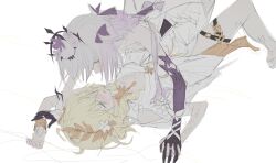 2girls aglaea_(honkai:_star_rail) bite_mark bite_mark_on_neck blonde_hair blush breasts castorice_(honkai:_star_rail) cleavage commentary dress elbow_gloves flower gloves green_eyes hair_flower hair_ornament hashtag-only_commentary hereactivate hickey highres holding_hands honkai:_star_rail honkai_(series) interlocked_fingers large_breasts looking_at_another multiple_girls pantyhose parted_lips pinned pointy_ears purple_flower purple_gloves purple_hair simple_background sweat thigh_strap white_background white_dress white_pantyhose yuri