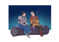 2boys arm_armor armor armored_gloves belt blonde_hair blue_background blue_skirt blush border bow_(weapon) breastplate brown_belt brown_gloves brown_hair brown_pantyhose brown_shoes cape commentary copyright_request cosplay dragon_age elf english_commentary fingerless_gloves full_body gloves gradient_background head_wreath jacket kingdom_come:_deliverance_ii light_particles log looking_at_another male_focus multiple_boys mushroom nose pantyhose parted_lips pointy_ears profile red_cape sabaton shoes short_hair shoulder_armor sitting skirt smile tworain_w watermark weapon weibo_username weibo_watermark white_border yellow_jacket