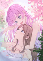 2girls absurdres aqua_(eos8012) arms_around_neck bang_dream! bang_dream!_it&#039;s_mygo!!!!! bare_arms blue_eyes brown_hair camisole cherry_blossoms chihaya_anon commentary day falling_petals grey_eyes highres hug hug_from_behind long_hair multiple_girls nagasaki_soyo open_mouth outdoors parted_lips petals pink_hair smile white_camisole yuri