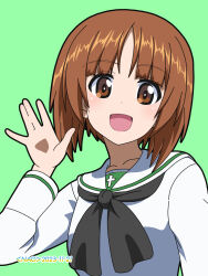 1girl artist_name black_neckerchief blouse brown_eyes brown_hair commentary dated girls_und_panzer green_background highres long_sleeves looking_at_viewer naotosi neckerchief nishizumi_miho ooarai_school_uniform open_mouth sailor_collar school_uniform serafuku shirt short_hair simple_background smile solo upper_body waving white_sailor_collar white_shirt