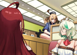3girls absurdres ago_(owenanaken) ahoge blonde_hair blue_shirt brown_eyes brown_hair cecilia_immergreen cecilia_immergreen_(1st_costume) closed_mouth doll_joints elizabeth_rose_bloodflame gigi_murin green_eyes green_hair grem_(gigi_murin) highres hololive hololive_english joints looking_at_viewer multicolored_hair multiple_girls red_hair shirt short_hair short_twintails streaked_hair tail twintails virtual_youtuber white_hair winding_key