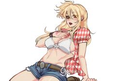 1girl blonde_hair blue_shorts blush boots bra bracelet breasts brown_boots brown_eyes cleavage cosplay denim denim_shorts eyebrows_hidden_by_hair eyes_visible_through_hair fairy_tail hand_on_ground hand_on_own_chest highres jewelry kwon_eun-bi kwon_eun-bi_(cosplay) large_breasts long_hair looking_to_the_side lucy_heartfilia navel open_clothes open_mouth open_shirt pink_nails pink_shirt puffy_sleeves rosavatar1 seiza shirt shorts side_ponytail sitting teeth thighs underwear upper_teeth_only white_background white_bra white_shirt