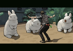 1boy animal full_body hashtag-only_commentary jurassic_park jurassic_world letterboxed lilac_(p-f_easy) meme original outdoors outstretched_arms oversized_animal owen_grady parody prattkeeping_(meme) rabbit standing