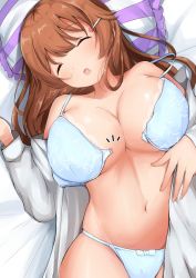 1girl artist_request bed bra breasts closed_eyes front-hook_bra hair_ornament hairclip highres konoe_kanata large_breasts long_hair love_live! love_live!_nijigasaki_high_school_idol_club love_live!_school_idol_festival_all_stars navel on_bed open_bra orange_hair panties shirt skindentation sleeping underwear white_panties white_shirt