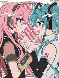 Rule 34 | 2girls, aqua hair, aqua nails, aqua necktie, arm tattoo, black shirt, circle, closed mouth, collared shirt, cropped torso, danjou sora, detached sleeves, diagonal-striped background, eye contact, finger to another&#039;s mouth, from side, hatsune miku, headphones, highres, long hair, looking at another, megurine luka, multiple girls, necktie, open mouth, pink hair, profile, shirt, sidelocks, sleeveless, sleeveless shirt, smile, sparkle, striped background, tattoo, twintails, vocaloid