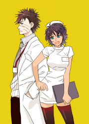 1boy 1girl black_hair black_pants black_thighhighs blue_eyes brown_hair clipboard coat doctor dress eden_no_ori grey_necktie hat holding holding_clipboard name_tag necktie nurse nurse_cap ooguro_rei open_mouth pants rinzai_tooru scar scar_on_face shirt thighhighs wattant white_coat white_dress white_hat white_shirt yellow_background