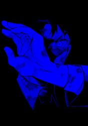 1boy black_background black_hair blue_theme close-up collared_shirt dark formal_clothes gegege_no_kitarou highres kitarou_tanjou:_gegege_no_nazo kokuryuriki male_focus mizuki_(gegege_no_kitarou) monochrome necktie one_eye_covered parted_bangs scar scar_across_eye scar_on_face shirt simple_background solo suit
