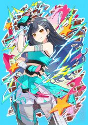 1girl aqua_jacket bandaged_arm bandages black_gloves black_hair blue_hair blue_jacket bout_for_beside_you_(project_sekai) clothes_around_waist crop_top earrings fingerless_gloves gloves hair_ornament hairclip highres jacket jacket_around_waist jewelry long_hair looking_at_viewer orange_eyes pants peron_(niki2ki884) project_sekai shiraishi_an shirt shorts sleeveless smile solo triangle_earrings white_shorts