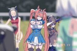 2007 4girls animal_ears baggy_pants blue_skirt blurry breasts brown_hair buttons center_frills commentary cowboy_shot daiwa_scarlet_(umamusume) depth_of_field detached_sleeves double-breasted epaulettes forehead framed_breasts frilled_shirt frills grey_hair hair_between_eyes hair_intakes hairband hat highres horse_ears horse_girl large_breasts layered_skirt long_hair looking_at_viewer medium_hair multiple_girls pants red_eyes saitama_(antitankromeo) shirt skirt sleeveless sleeveless_shirt solo_focus stretching sweep_tosho_(umamusume) tiara twintails umamusume underbust very_long_hair white_hairband white_shirt white_skirt witch_hat