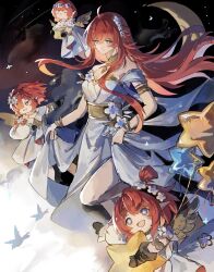 4girls ahoge ancient_greek_clothes angel_wings black_gloves blue_eyes breasts cleavage commentary cross-shaped_pupils dress english_commentary gloves greco-roman_clothes hair_over_one_eye head_wreath highres holding holding_hands holding_star honkai:_star_rail honkai_(series) long_hair medium_breasts multiple_girls pointy_ears red_hair short_hair star_(symbol) star_balloon symbol-shaped_pupils trianne_(honkai:_star_rail) tribbie_(honkai:_star_rail) tribios_(honkai:_star_rail) trinnon_(honkai:_star_rail) white_blindfold white_dress wings xu_carman
