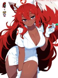 1girl animal_ears archapxl arm_between_legs bare_legs blush body_freckles breasts cleavage collarbone cross dark-skinned_female dark_skin dress fox_ears fox_girl fox_tail freckles gloves hair_between_eyes half-closed_eyes hat heart high_heels highres holding holding_syringe leg_up light_blush looking_at_viewer medium_breasts nurse nurse_(terraria) nurse_cap patreion_username pixel_art plus_sign purple_eyes red_cross red_hair red_tail shoes sidelocks simple_background smile solo syringe tail terraria watermark web_address white_background white_dress white_gloves white_shoes white_tail zoologist_(terraria)