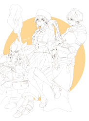 2boys 2girls aesc_(fate) ector_(fate) fate/grand_order fate_(series) habetrot_(fate) hair_between_eyes hat highres long_hair multiple_boys multiple_girls ponytail short_hair smile uther_pendragon_(fate)