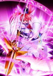 Rule 34 | 00s, 1girl, bow, energy wings, female focus, fingerless gloves, gloves, lyrical nanoha, magazine (weapon), magic circle, magical girl, mahou shoujo lyrical nanoha, mahou shoujo lyrical nanoha a&#039;s, purple eyes, raising heart, raising heart (exelion mode), red bow, red hair, solo, takamachi nanoha, takamachi nanoha (sacred mode), tom (1art.), twintails, white devil