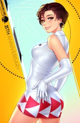 1999 1girl anniversary brown_eyes brown_hair commentary dated dress earrings elbow_gloves english_commentary gloves highres hoop_earrings jewelry logo mixed-language_commentary nagase_reiko r4:_ridge_racer_type_4 race_queen ridge_racer short_hair sleeveless sleeveless_dress smile solo tsuaii white_dress white_gloves