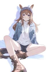 1girl 9nyo absurdres animal_ears beanie black_shorts blue_hat blue_jacket boots brown_boots brown_hair commentary denim denim_jacket drawstring ears_through_headwear hat highres hood hood_down hoodie horse_ears horse_girl horse_tail jacket lollipop_in_mouth long_hair long_sleeves looking_at_viewer nakayama_festa_(umamusume) purple_eyes short_shorts shorts simple_background sitting solo spread_legs striped_hat tail umamusume white_background white_hoodie