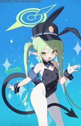 1girl absurdres animal_ears armband artist_name between_legs black_leotard black_tail black_wrist_cuffs blue_archive blue_armband blue_background blue_hat blue_necktie commentary_request contrapposto cowboy_shot demon_tail detached_collar dot_nose fake_animal_ears fang gloves green_hair green_halo halo hat highres leotard light_blush loli long_hair looking_at_viewer momobug22 necktie nozomi_(blue_archive) open_mouth pantyhose peaked_cap playboy_bunny pointy_ears rabbit_ears sidelocks smile solo sparkle standing strapless strapless_leotard tail tail_between_legs tongue train_conductor twintails watermark web_address white_gloves white_pantyhose wrist_cuffs yellow_eyes