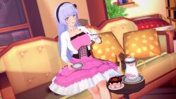 1girl absurdres breasts cake cake_slice couch date_a_live dr.xidan17 dress food grey_eyes grey_hair highres izayoi_miku living_room long_hair sitting solo