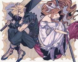 1boy 1girl aerith_gainsborough armor back-to-back bare_shoulders belt black_gloves black_pants black_shirt blonde_hair blue_eyes boots bow bracelet breasts brown_belt brown_hair buster_sword cape cloud_strife crossed_ankles crossed_legs dissidia_012_final_fantasy dissidia_final_fantasy dress earrings final_fantasy final_fantasy_vii fingerless_gloves gloves green_eyes hair_bow half-closed_eyes highres holding holding_staff holding_sword holding_weapon hugging_own_legs jewelry long_dress long_hair looking_at_viewer medium_breasts off-shoulder_dress off_shoulder official_alternate_costume pants parted_bangs ponytail red_cape roku_(gansuns) shirt short_hair shoulder_armor sidelocks silver_footwear silver_trim single_earring single_shoulder_pad sleeveless sleeveless_turtleneck smile spiked_hair staff studded_bracelet suspenders sword turtleneck twitter_username wavy_hair weapon white_bow white_dress