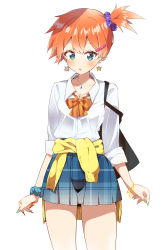 1girl :o absurdres blue_skirt bow bowtie bracelet breasts cleavage clothes_around_waist collarbone collared_shirt commentary_request cowboy_shot creatures_(company) earrings female_focus game_freak gen_1_pokemon green_eyes gyaru hair_between_eyes hair_ornament hair_scrunchie hairclip highres ichijo_rei jewelry kogal long_sleeves looking_at_viewer loose_bowtie misty_(pokemon) nail_art necklace nintendo orange_bow orange_bowtie orange_hair pleated_skirt pokemon pokemon_(anime) pokemon_(classic_anime) pokemon_(creature) purple_scrunchie ring school_uniform scrunchie shirt short_hair side_ponytail simple_background skirt sleeves_rolled_up solo standing starmie staryu sweater sweater_around_waist white_background white_shirt yellow_sweater