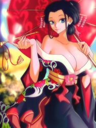 Rule 34 | 1girl, absurdres, bare shoulders, black hair, black kimono, blue eyes, breasts, cleavage, collarbone, highres, japanese clothes, kimono, large breasts, looking at viewer, nico robin, nico robin (wano), obi, oil-paper umbrella, one piece, opalis, sash, smile, smoking pipe, umbrella