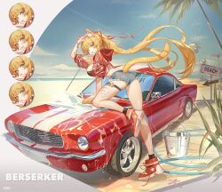 1girl absurdres animal_ear_fluff animal_ears arrow_(symbol) artist_name beach bikini black_socks blonde_hair blue_eyes blue_shorts breasts bucket car cat_ears cat_girl cat_tail cleavage cloud commission cropped_jacket facial_mark highres holding holding_sponge hose jacket kirin55641 lips long_hair motor_vehicle multiple_expressions o-ring o-ring_thigh_strap original palm_tree plant pocket ponytail red_jacket see-through_clothes see-through_jacket shell shoes short_shorts shorts skeb_commission sky socks sponge star_o-ring starfish strapless strapless_bikini swimsuit tail thigh_strap tree whisker_markings