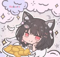 Rule 34 | 1girl, animal ear fluff, animal ears, black hair, cat ears, cat girl, character name, character request, chibi, chibi only, commentary request, falling feathers, feathers, futaba (anti clockwise), hair ornament, hand on own cheek, hand on own face, indie virtual youtuber, looking at viewer, plate, red eyes, virtual youtuber, white feathers, x hair ornament