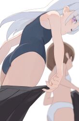 2girls ass black_skirt blue_one-piece_swimsuit bra brown_hair closed_mouth highres hiroki_(yyqw7151) long_hair looking_at_viewer multiple_girls one-piece_swimsuit original purple_eyes short_hair simple_background skirt swimsuit underwear underwear_only white_background white_bra white_hair