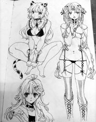 3girls animal_ears antenna_hair arm_warmers blunt_bangs boots bow bowtie bra braid breasts cat_ears cat_girl cat_tail chain choker circlet cropped_legs cross-laced_armwear detached_collar expressionless eyelashes finger_to_mouth frilled_shirt_collar frills full_body hair_between_eyes hair_ornament hairclip hairpin highres hood hood_down hooded_jacket jacket kamu_(poulro) knee_boots knees_apart_feet_together lace-up_boots light_blush long_hair long_sleeves low_twin_braids medium_breasts mole mole_under_eye multiple_girls navel open_clothes open_jacket original panties parted_bangs parted_lips squatting striped_clothes striped_thighhighs tail thighhighs twin_braids underwear vertical-striped_clothes vertical-striped_thighhighs very_long_hair