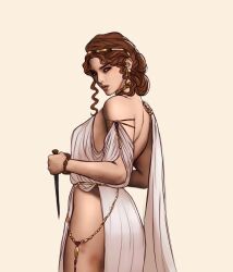 1girl ancient_greek_clothes bare_back brown_hair chain circlet commentary dagger dress english_commentary from_behind gold_chain greco-roman_clothes greek_mythology highres holding holding_knife knife looking_back ryncomma side_slit solo thighs weapon white_dress