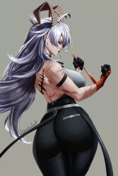 1girl absurdres arhuel_(azrc2535) arm_strap ass back bags_under_eyes bare_shoulders black_gloves black_pants black_tail breasts brown_horns commentary curled_horns earrings from_behind gloves grey_hair highres horns jewelry key_earrings large_breasts long_hair looking_at_viewer median_furrow mole mole_under_eye necktie necktie_around_wrists pants parted_lips red_eyes red_necktie solo tacet_mark_(wuthering_waves) wuthering_waves zani_(wuthering_waves)