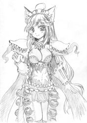 1girl ahoge animal_ears armor breasts cat_ears cat_girl cleavage closed_mouth commentary_request cowboy_shot flask genetic_(ragnarok_online) greyscale kamui_setsuna large_breasts lineart living_clothes long_hair looking_at_viewer maid_headdress midriff miniskirt monochrome navel pauldrons ragnarok_online round-bottom_flask shoulder_armor simple_background skirt smile solo tongue vambraces