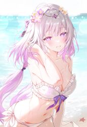 1girl ahoge bare_shoulders beach bikini blush bow breasts castorice_(honkai:_star_rail) closed_mouth collarbone day flower frilled_bikini frilled_bikini_top frills grin hair_bow hair_flower hair_intakes hair_ornament highres honkai:_star_rail honkai_(series) large_breasts long_hair looking_at_viewer nasii navel ocean outdoors pink_eyes pink_flower pink_hair pointy_ears side-tie_bikini_bottom smile solo starfish stomach sweat swimsuit thighs white_bikini white_flower