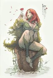 1girl barefoot breasts character_name cleavage dc_comics flower full_body green_lips holding holding_flower ittoku_art large_breasts long_hair midriff nail_polish parted_bangs poison_ivy red_hair red_nails revealing_clothes sitting solo sweat