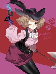 1girl ascot axe battle_axe belt black_hat black_mask black_pantyhose blue_fire breasts brown_eyes brown_hair domino_mask eye_mask fire gloves happy_birthday hat hat_feather highres holding holding_axe holding_mask long_sleeves looking_at_viewer mask meameeea okumura_haru one_eye_closed pantyhose persona persona_5 pink_shirt puffy_long_sleeves puffy_shorts puffy_sleeves purple_gloves purple_shorts shirt short_hair shorts smile solo underbust unworn_mask weapon white_ascot