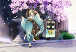 1girl absurdres ahoge aqua_kimono brown_hair cat_girl falling_petals full_body genshin_impact green_eyes hair_ornament highres japanese_clothes kimono kirara_(cat)_(genshin_impact) kirara_(genshin_impact) kirara_(post_office)_(genshin_impact) long_hair long_sleeves looking_at_viewer multicolored_hair nekomata official_alternate_costume official_art open_mouth outdoors paw_pose petals sandals sidelocks smile socks solo standing standing_on_one_leg streaked_hair tabi third-party_source white_socks wide_sleeves
