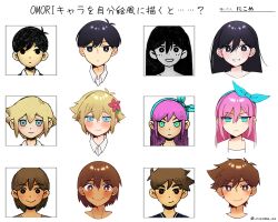 Rule 34 | 2girls, 4boys, antenna hair, artist name, aubrey (faraway) (omori), aubrey (omori), basil (faraway) (omori), basil (omori), black eyes, black hair, blonde hair, blue eyes, blue hairband, blush, bright pupils, brown eyes, brown hair, closed mouth, collared shirt, dark-skinned male, dark skin, draw this in your style challenge, expressionless, flower, hair flower, hair ornament, hairband, hero (faraway) (omori), hero (omori), highres, kel (faraway) (omori), kel (omori), long hair, looking at viewer, mari (omori), mari (spirit) (omori), multiple boys, multiple girls, nicome 02, omori, pink hair, reference inset, shirt, short hair, smile, sunny (omori), translation request, white pupils, white shirt