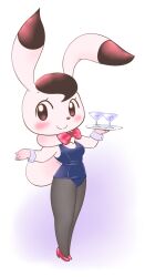 1girl animal_ears black_hair black_pantyhose blue_leotard blush bokko_(wonder_three) bow bowtie breasts brown_eyes commentary_request cup dewlap drinking_glass full_body furry furry_female high_heels holding holding_tray leotard looking_at_viewer pantyhose playboy_bunny rabbit_ears rabbit_girl rabbit_tail red_bow red_bowtie red_shoes shoes short_hair shortstack simple_background small_breasts smile solo standing tail tray variant_set white_background white_fur wonder_three wrist_cuffs yamanokonza