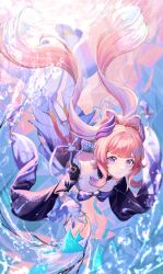 1girl absurdres air_bubble blunt_bangs blunt_ends blurry bow bow-shaped_hair breasts bubble choker cleavage closed_mouth commentary dated depth_of_field english_commentary eun_yelim fish frilled_sleeves frills genshin_impact gloves gradient_hair hair_ornament half_gloves hand_up highres lace-trimmed_choker lace_trim long_hair long_sleeves looking_at_viewer multicolored_hair okobo pink_hair platform_sandals purple_bow purple_choker purple_eyes purple_hair sandals sangonomiya_kokomi smile solo thighhighs twitter_username underwater upside-down water white_gloves white_thighhighs wide_sleeves