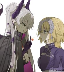 2girls black_horns blonde_hair candy capelet chain commentary_request ear_piercing fate/grand_order fate_(series) food from_side grey_hair headpiece height_difference highres horns jeanne_d&#039;arc_(fate) jeanne_d&#039;arc_(ruler)_(fate) lollipop looking_at_another multiple_girls ordeal_call_servant_(female) piercing pointy_ears profile purple_capelet purple_eyes quiro16 simple_background tongue tongue_out white_background yellow_eyes