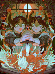 1other 2girls absurdres angel angel_wings apple black_dress black_hair black_horns commentary demon_girl demon_horns dress feathered_wings feathers food frown fruit halo highres holding holding_knife holding_together horns indoors juliet_sleeves knife long_sleeves maid moon multiple_girls murder open_mouth original petals puffy_sleeves shaded_face short_hair siblings smile sumire_(pwkx4575) symbol-only_commentary twins upper_body window wings