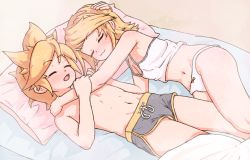 bed blonde_hair bra brother_and_sister closed_eyes closed_mouth commentary dosya english_commentary hand_on_another&#039;s_head highres incest kagamine_len kagamine_rin lying messy_hair on_back on_bed on_side open_mouth panties pillow siblings sleeping thighs topless_male underwear underwear_only user_hmsc7533 vocaloid