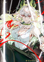 Rule 34 | 1girl, arm strap, bare shoulders, black choker, black horns, black pants, blonde hair, breasts, choker, choker pull, closed mouth, collarbone, commentary request, curled horns, earrings, gradient hair, grey hair, hair between eyes, horns, jewelry, large breasts, looking at viewer, multicolored hair, necktie, necktie around wrists, no gloves, pants, red eyes, red necktie, sandymiu, shirt, solo, torn clothes, torn shirt, twitter username, white shirt, wuthering waves, zani (wuthering waves)