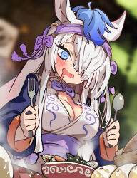 1girl @_@ animal_ears belt blue_eyes blue_hair bow bowl bowtie breasts center_opening cleavage drooling food gyokuryu_(kemono_friends) hair_bow hair_over_one_eye hairband headgear highres horse_ears horse_girl japanese_clothes japari_symbol kemono_friends kimono long_hair long_sleeves melaton mouth_drool multicolored_hair orange_trim purple_belt purple_bow purple_bowtie purple_hairband purple_kimono purple_sleeves shirt sidelocks solo spiral-only_eyes white_hair white_shirt