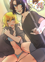1boy 1girl :o athrun_zala blonde_hair blue_bra blue_panties blush bra brown_hair cagalli_yula_athha couple dress_shirt dutch_angle green_eyes grey_shirt gundam gundam_seed hair_between_eyes hetero indoors kimi88407604 kira_yamato lacus_clyne long_hair medium_hair open_clothes open_shirt panties pink_hair purple_hair shirt short_hair surprised sweatdrop t-shirt underwear yellow_eyes