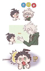 Rule 34 | !?, 2boys, 30en (esx5g), ahoge, blush, brown hair, collared shirt, cropped torso, danganronpa (series), danganronpa 2: goodbye despair, green jacket, green necktie, grey hair, highres, hinata hajime, hood, hood down, hooded jacket, jacket, komaeda nagito, long sleeves, male focus, multiple boys, necktie, notice lines, profile, rock paper scissors, shirt, short hair, sweat, white background